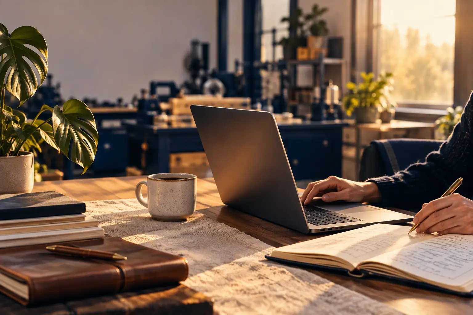 Workspace twórcy cyfrowego ilustrujący temat: ai w firmie przemysłowej