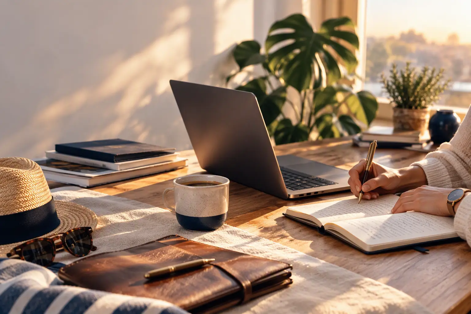 Workspace twórcy cyfrowego ilustrujący temat: urlop właściciela firmy