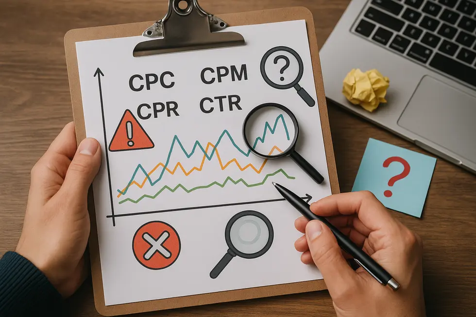 Wizualizacja metryk CPC, CPM i CTR z przemyślanymi wzorami kalkulacyjnymi.