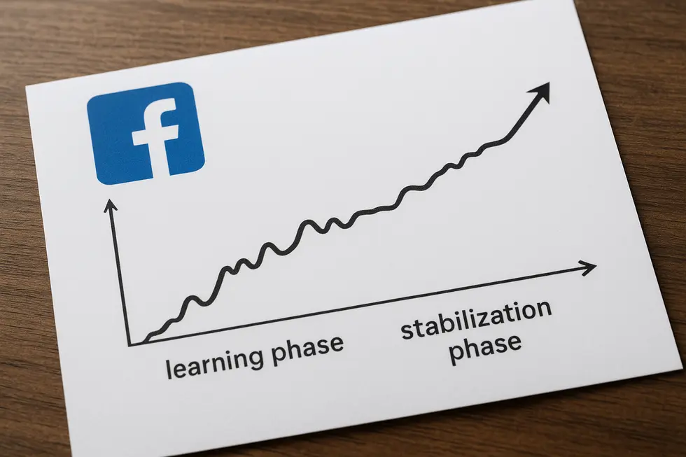 Wizualizacja cyklu kampanii Facebook Ads z uwzględnieniem fazy uczenia się algorytmu.