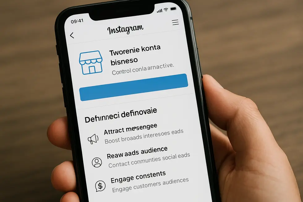 Ekran tworzenia konta biznesowego na Instagramie.