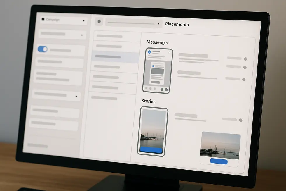 Użytkownik konfiguruje reklamy w interfejsie Meta Ads Manager.