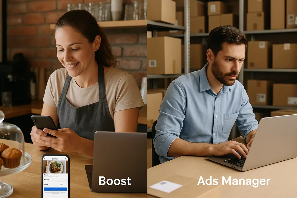 Porównanie kosztów Boost Post i Menedżera Reklam dla różnych budżetów kampanii.