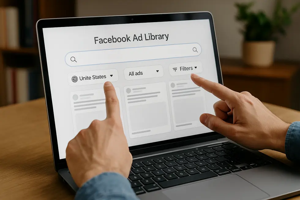 Interfejs Facebook Ad Library z widokiem na różne aktywne reklamy.
