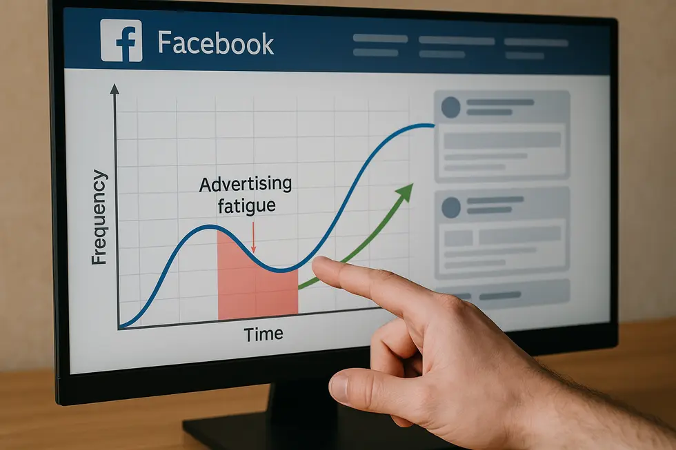 Wizualizacja cyklu kampanii Facebook Ads z uwzględnieniem fazy uczenia się algorytmu.