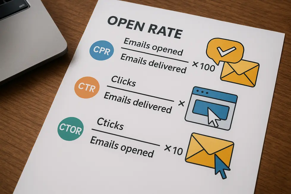 Infographic showing the definitions and formulas for Open Rate, CTR, and CTOR.